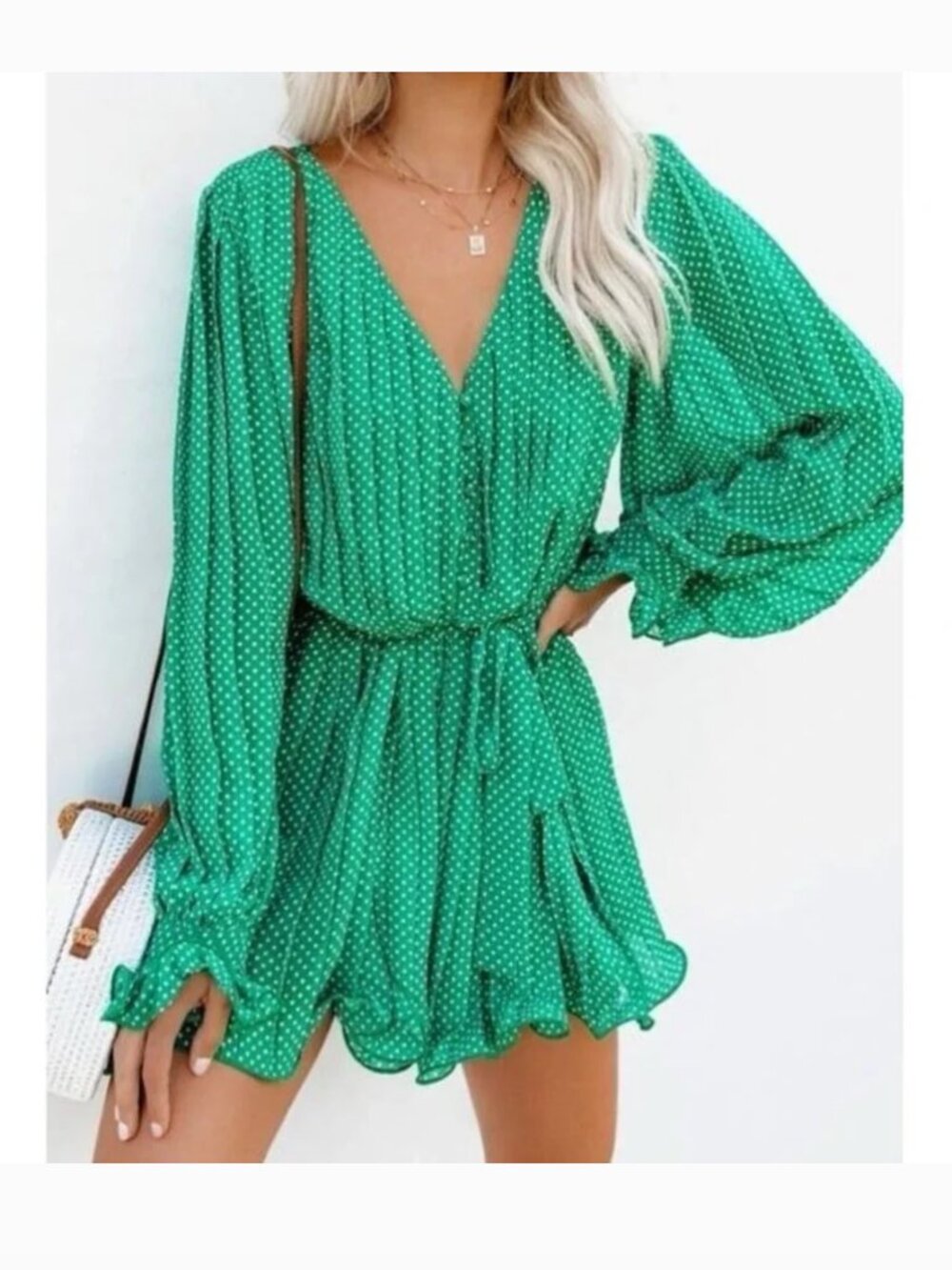 Endless Rose Green Polka Dot Long-Sleeve Buttonfront Romper, size Medium